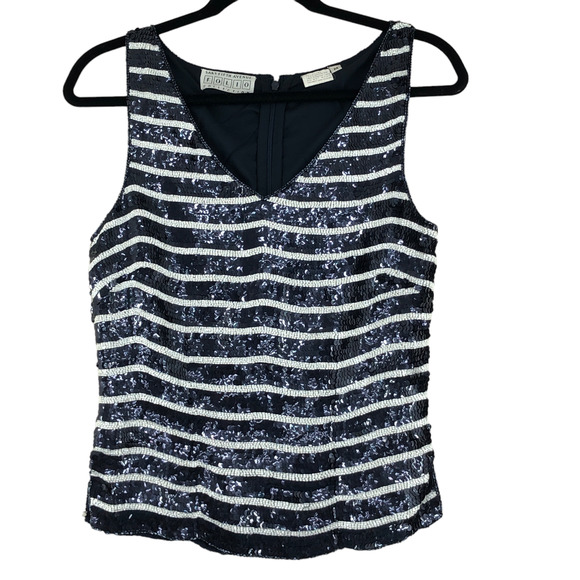 Saks Fifth Avenue Folio Womens Sz M Sequin Shell Top Navy White Stripe Back ZIp - Picture 1 of 12